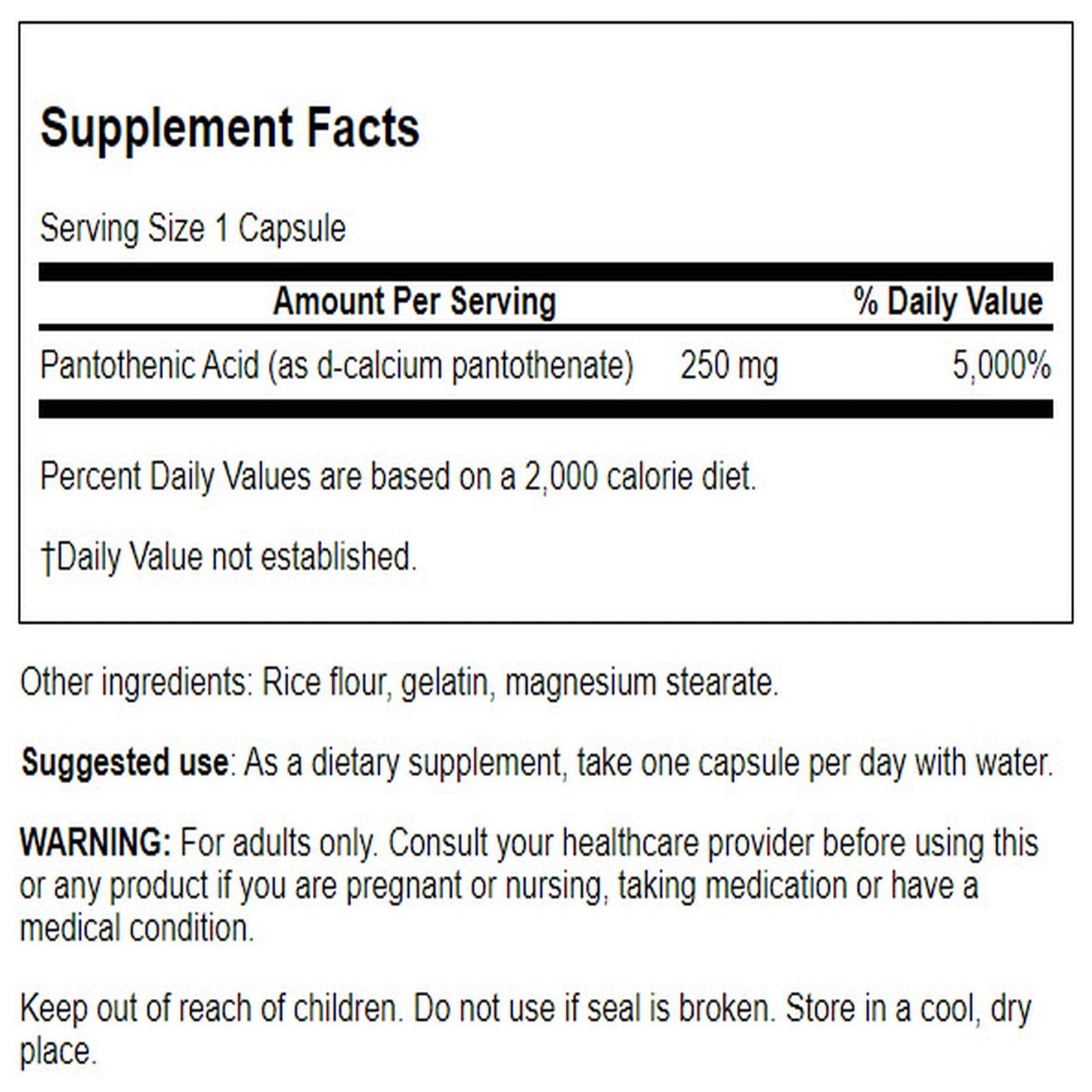 Close up of Swanson Vitamin B5 label details