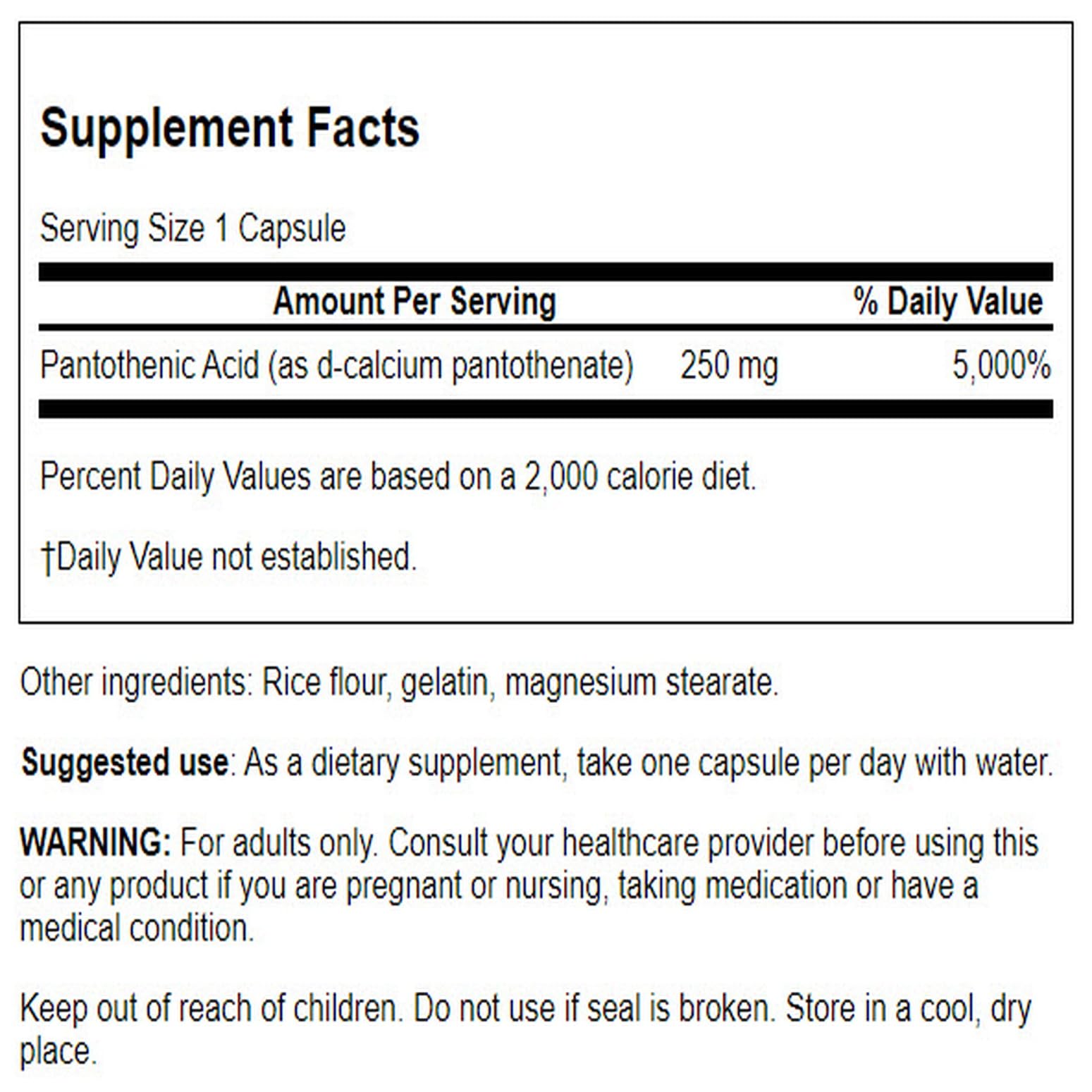 Close up of Swanson Vitamin B5 label details