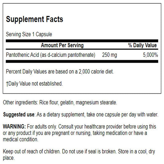 Close up of Swanson Vitamin B5 label details