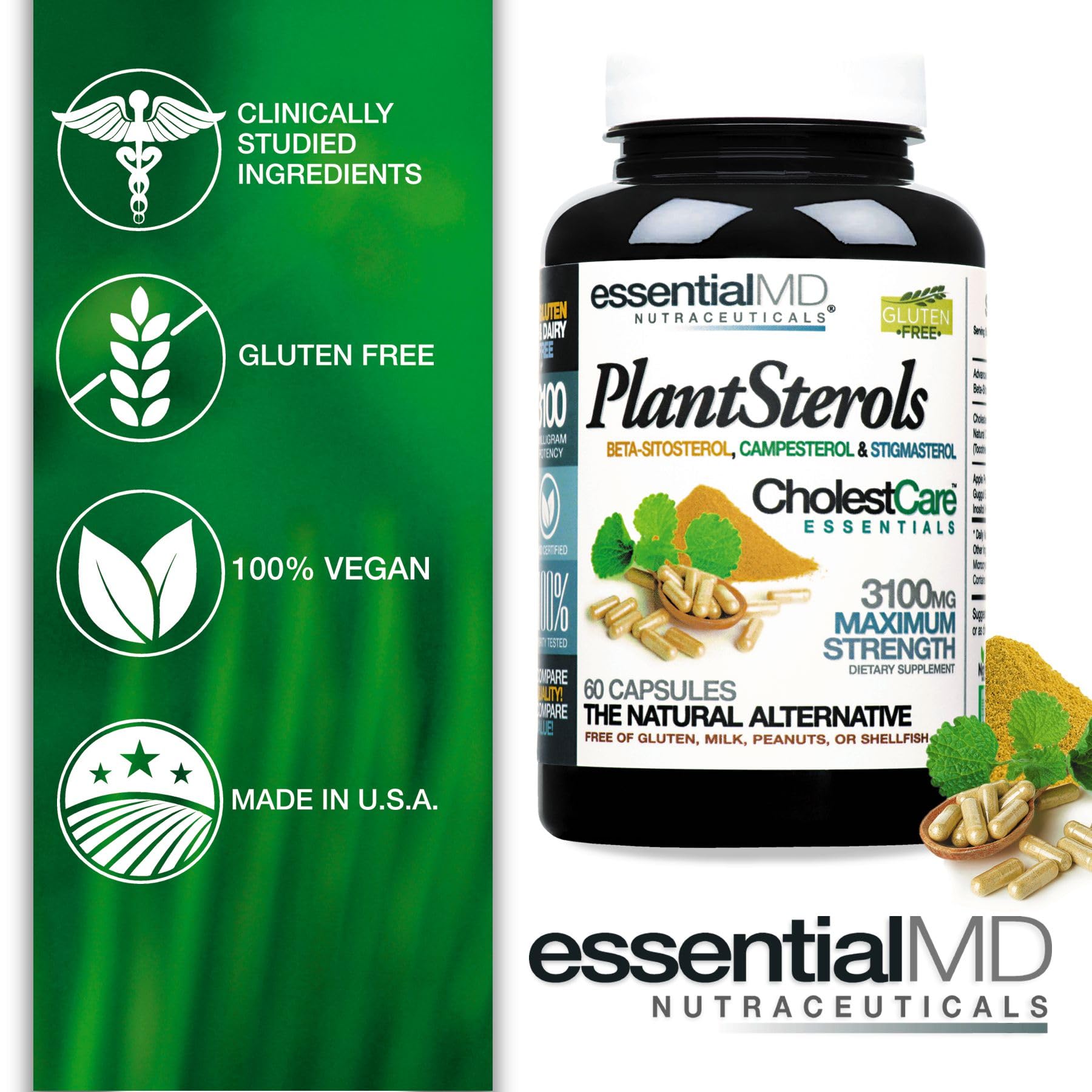 Essential MD Phytosterol supplement bottle showing 3100mg strength