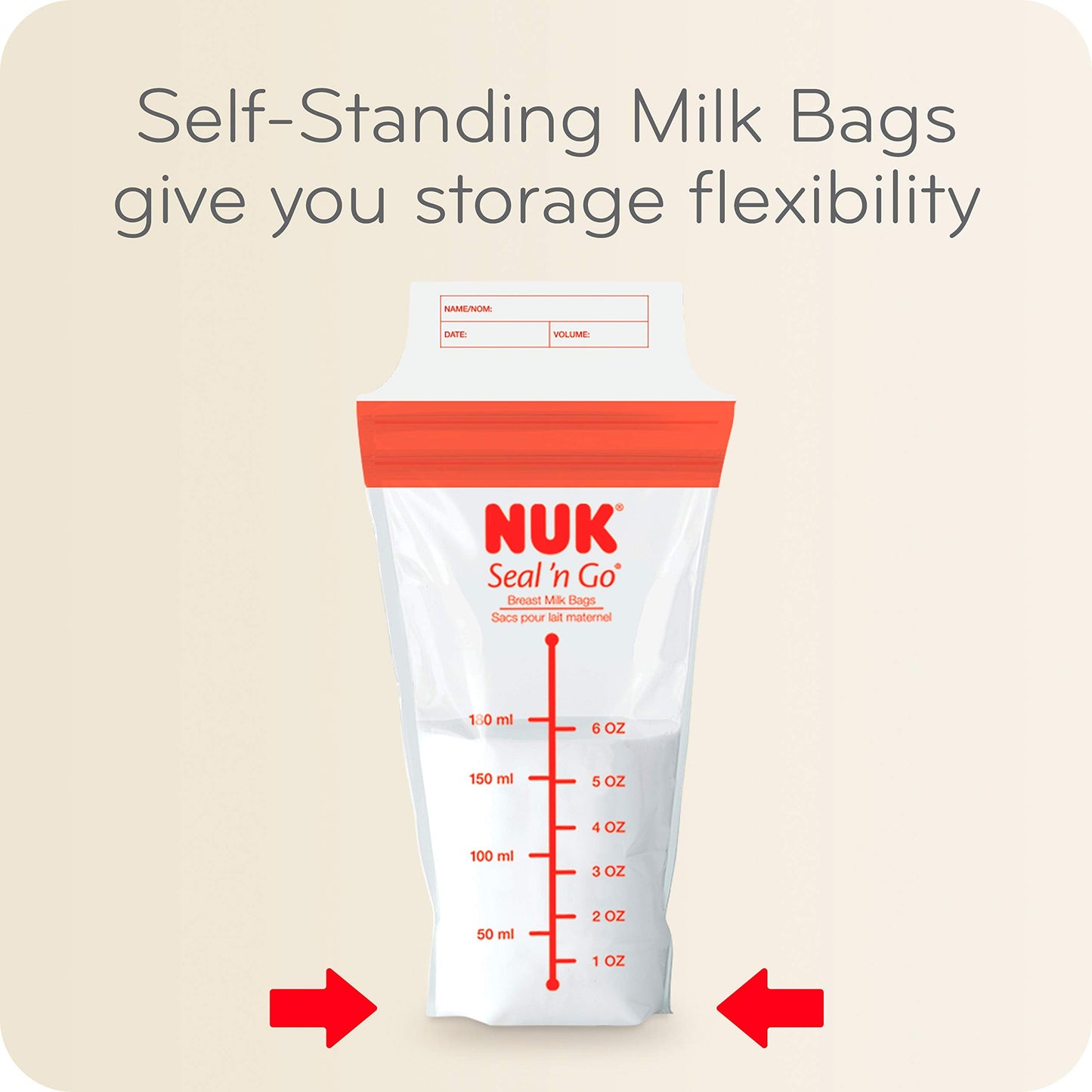 Side view of NUK milk storage bag showing volume measurement markings