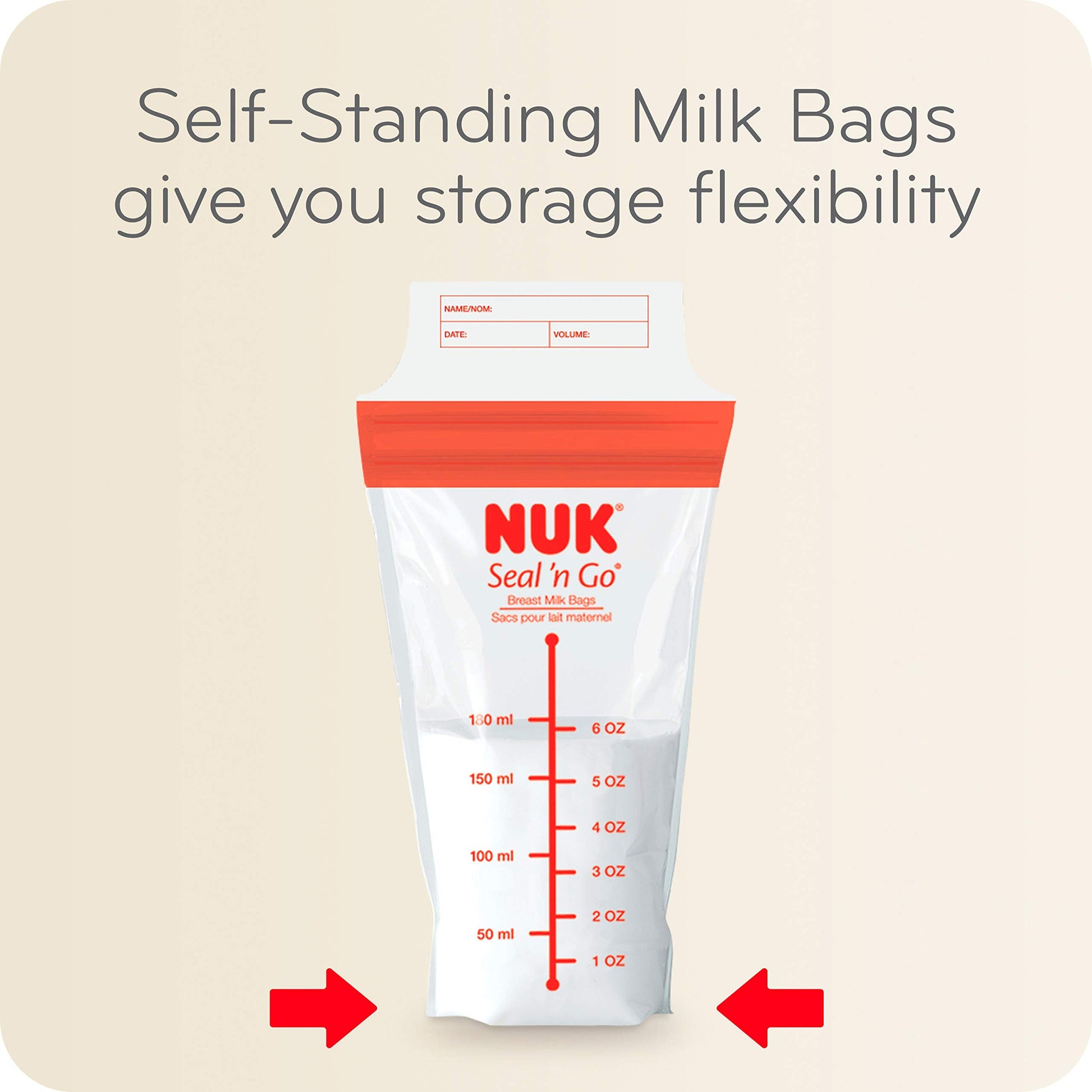 Side view of NUK milk storage bag showing volume measurement markings