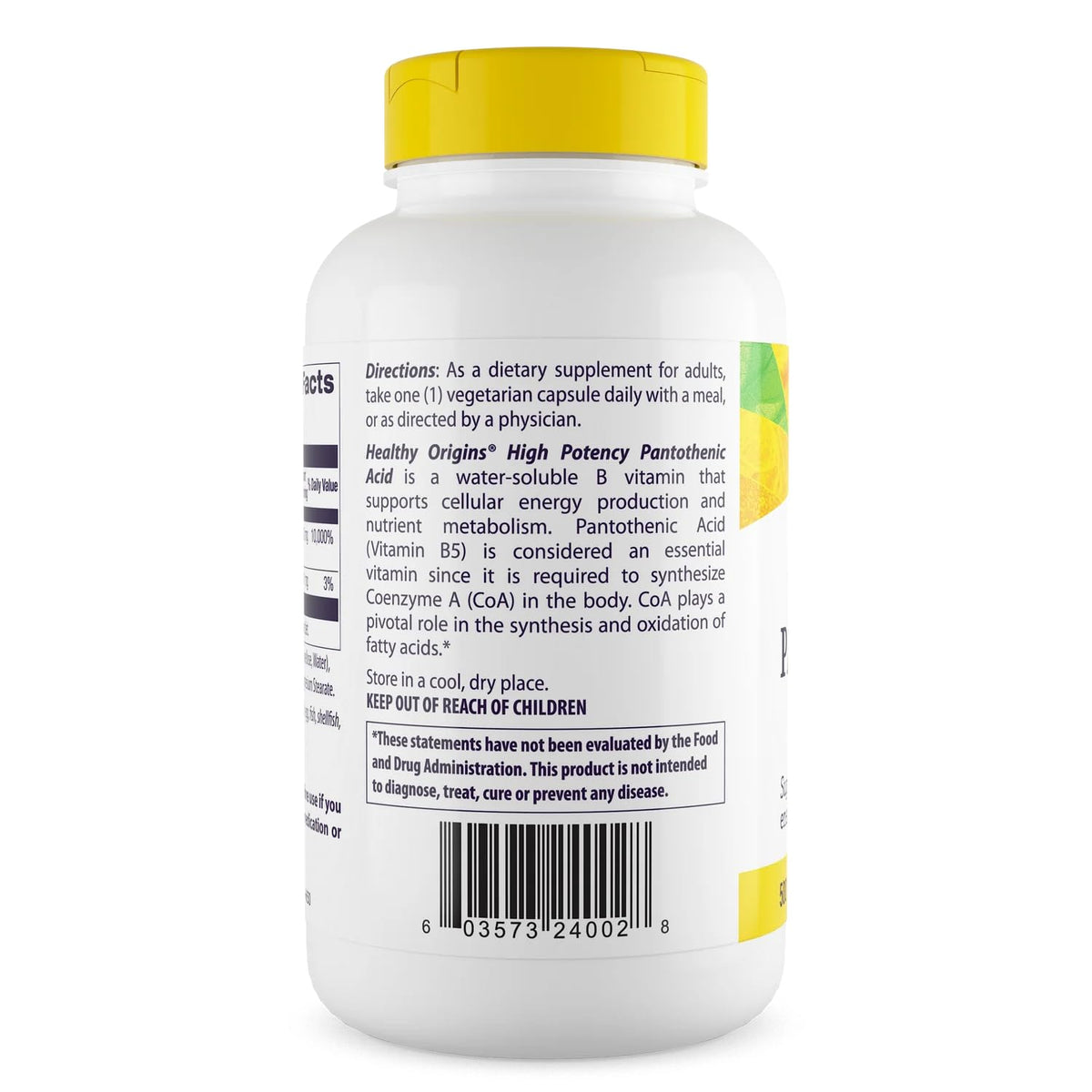 Back of bottle showing ingredients and nutrition facts