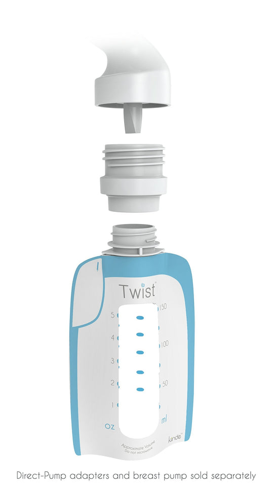 Kiinde breast milk storage pouch with blue twist-lock cap