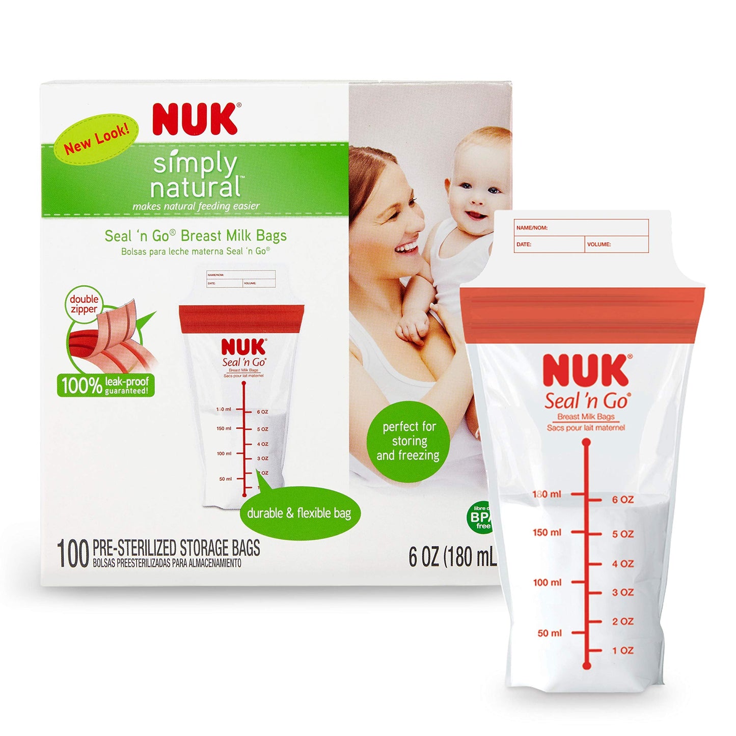 Close up of 100 count NUK breast milk bag box