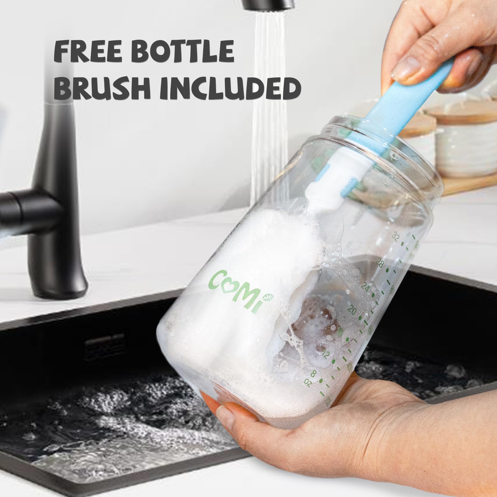Comi 34 fluid ounce pitcher next to baby feeding bottles
