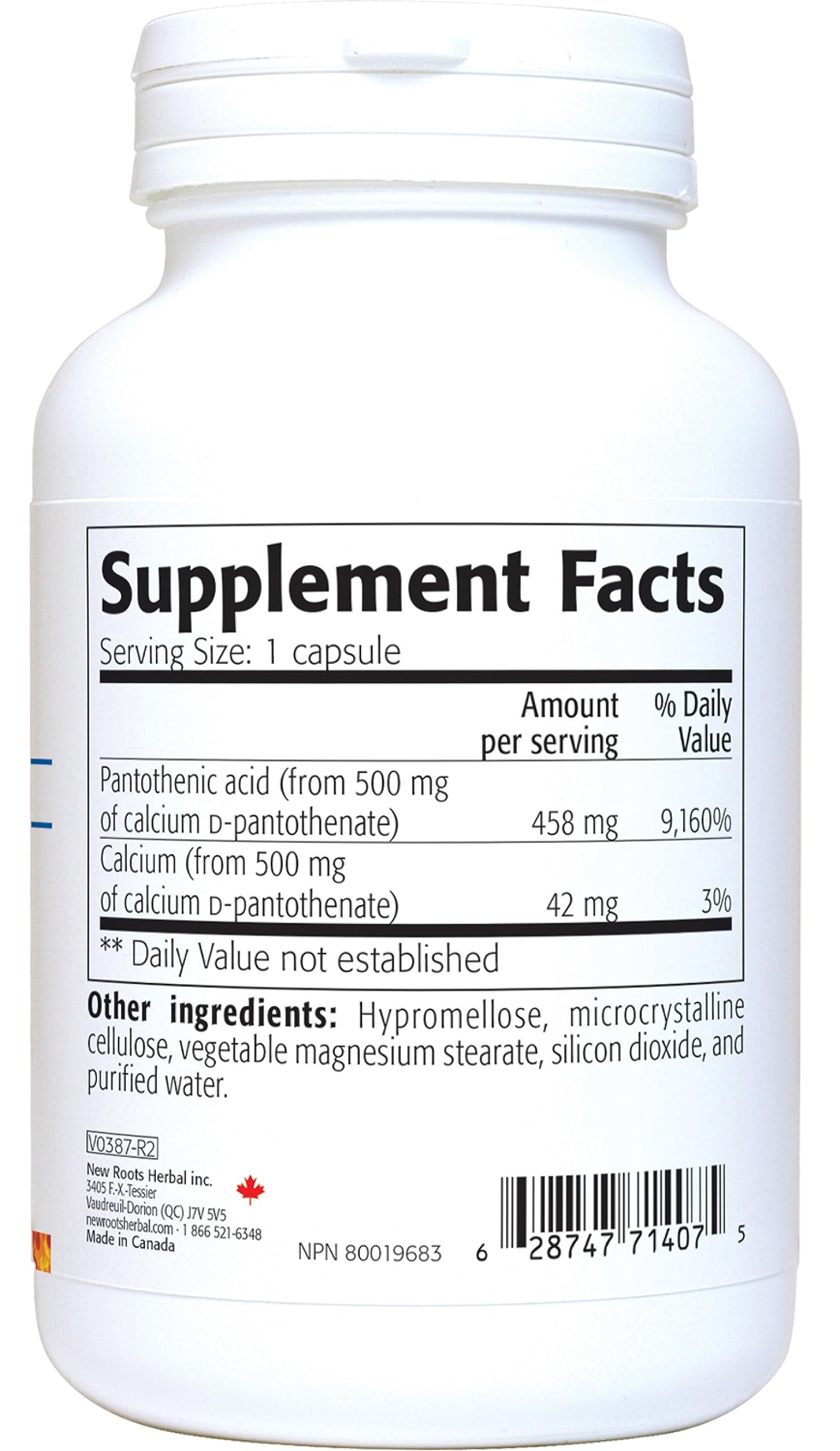 New Roots Herbal Vitamin B5 supplement label details