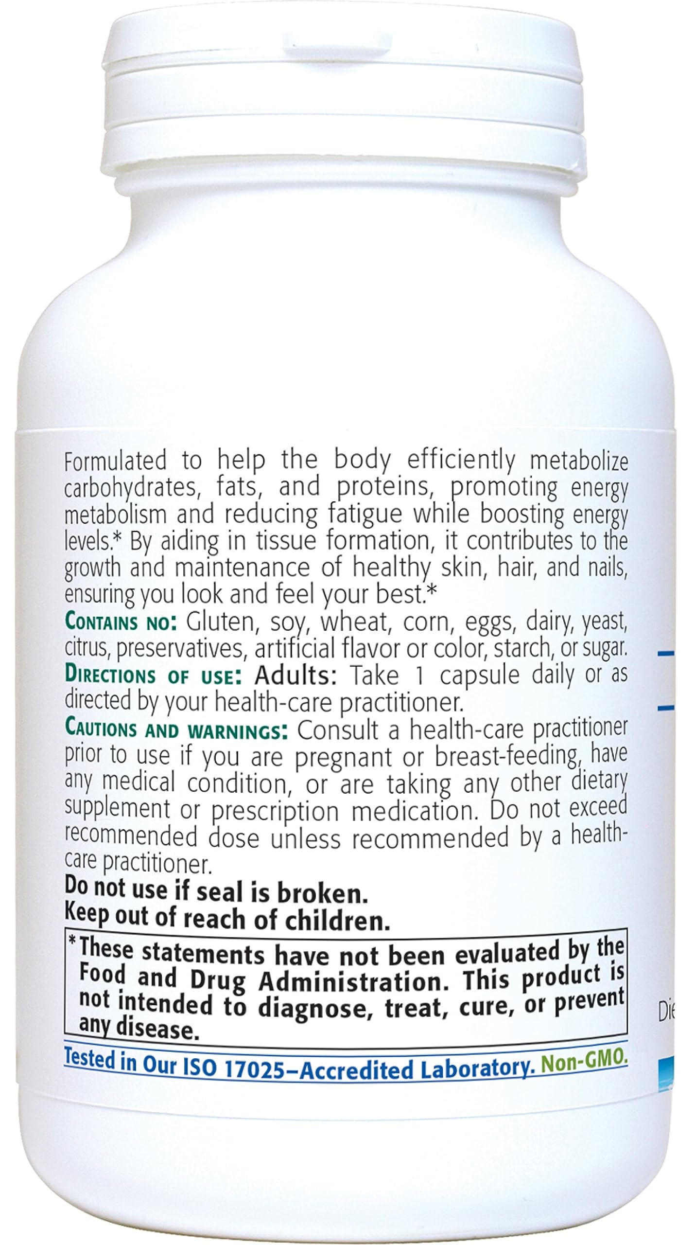 Back of New Roots Herbal Vitamin B5 bottle with ingredients