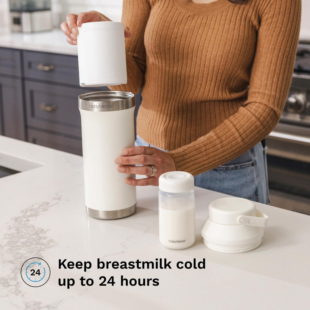 Baby Brezza cooler with two bottles and ice packs included