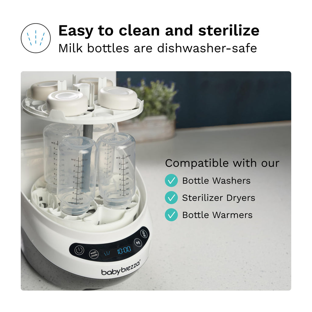 Two 10 fluid ounce milk bottles included with Baby Brezza cooler