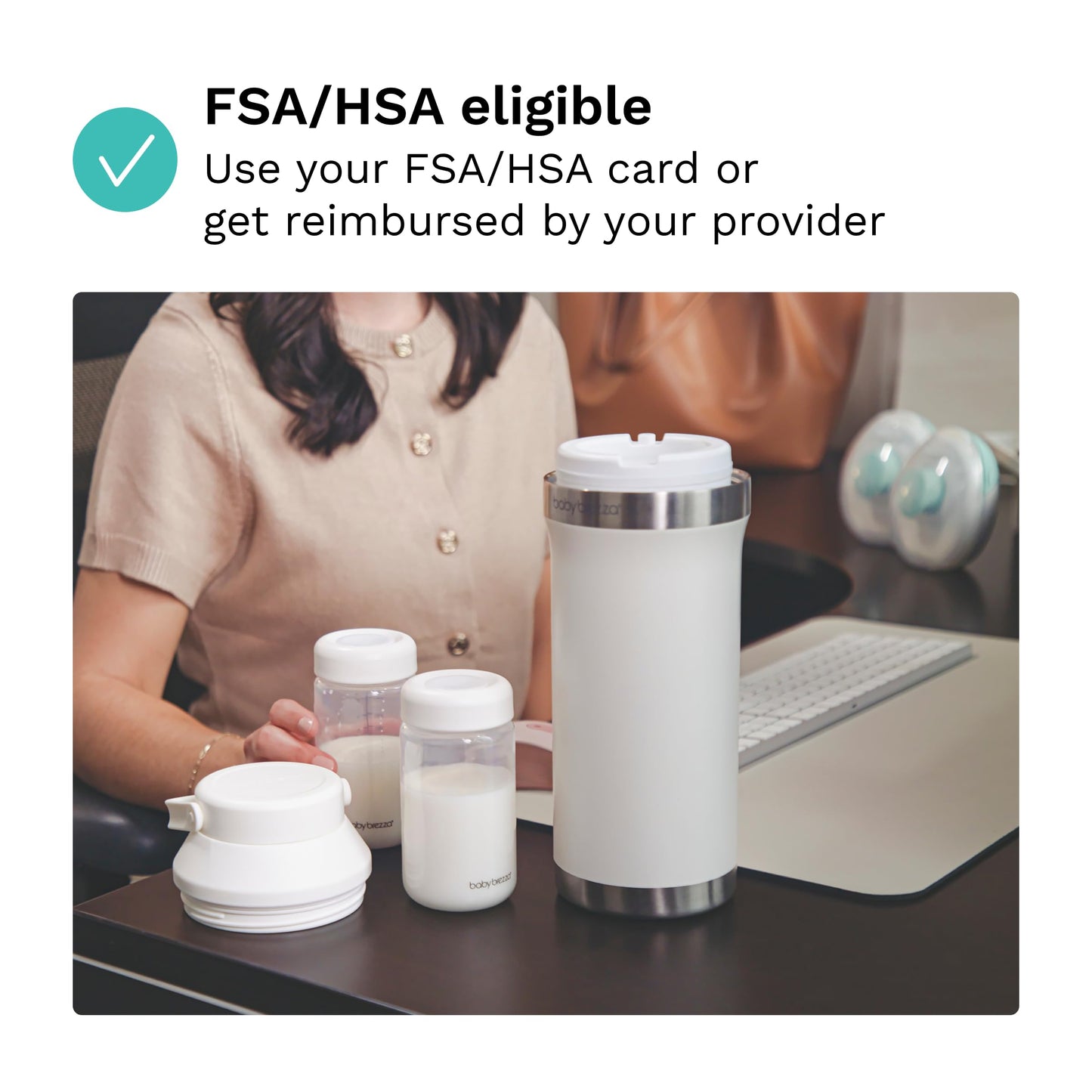 Lifestyle shot of Baby Brezza portable milk cooler for travel