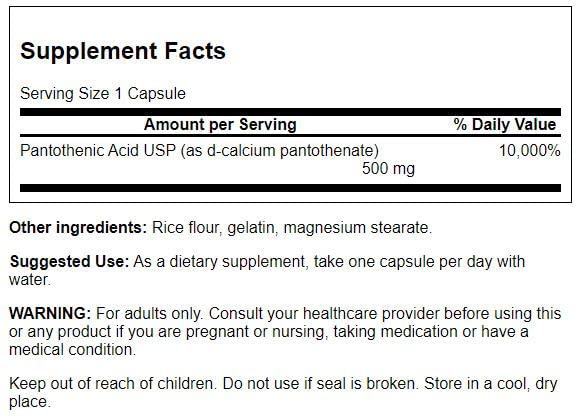 Swanson Vitamin B5 250 capsules bottle label details