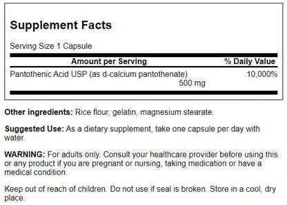 Swanson Vitamin B5 250 capsules bottle label details