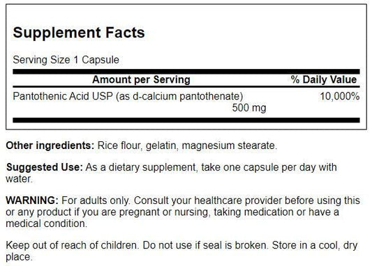 Swanson Vitamin B5 250 capsules bottle label details