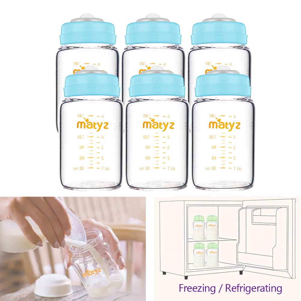 Six pack of Matyz borosilicate glass baby milk bottles