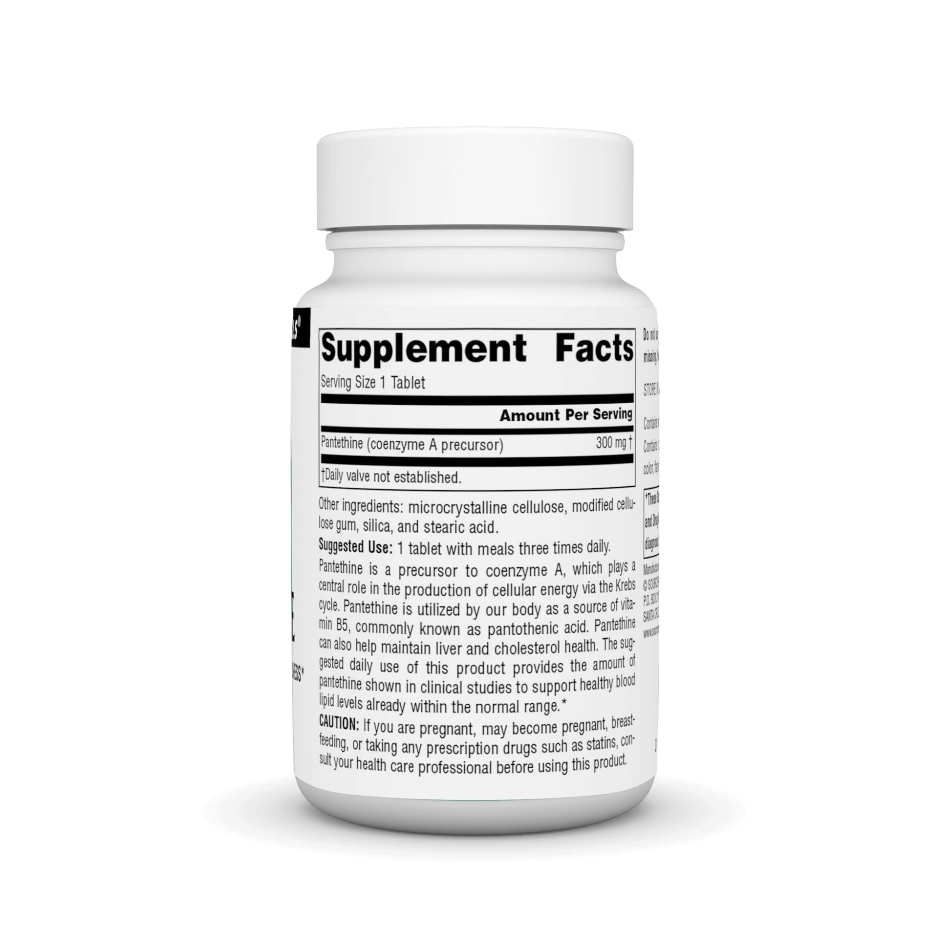 Close up of Source Naturals Pantethine 60 tablet bottle label