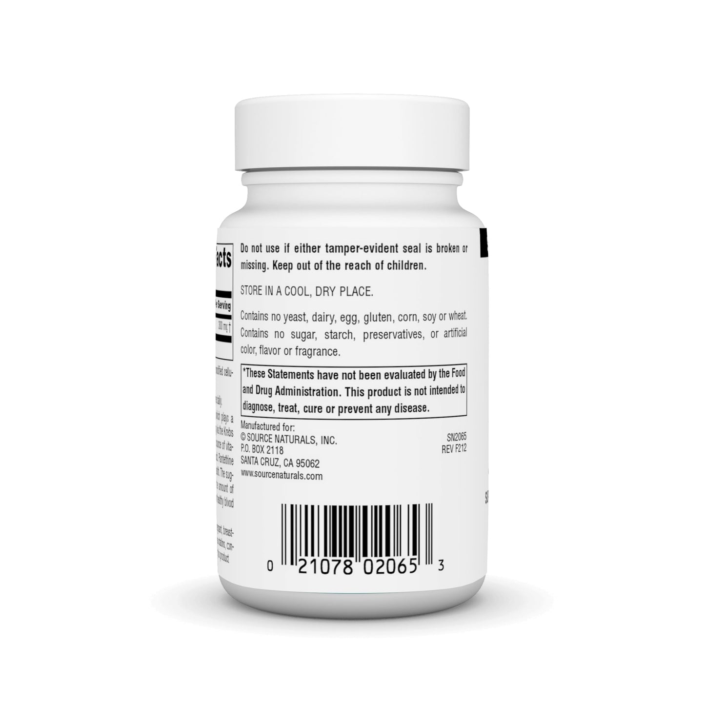 Side view of Source Naturals Pantethine supplement bottle showing ingredients