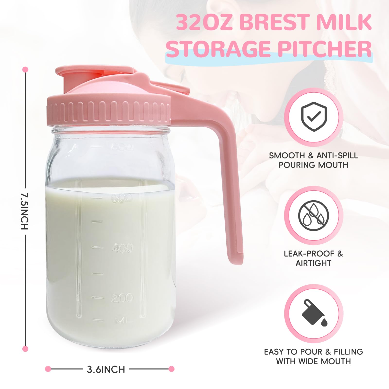 Side view of Riznpo breast milk storage pitcher showing handle