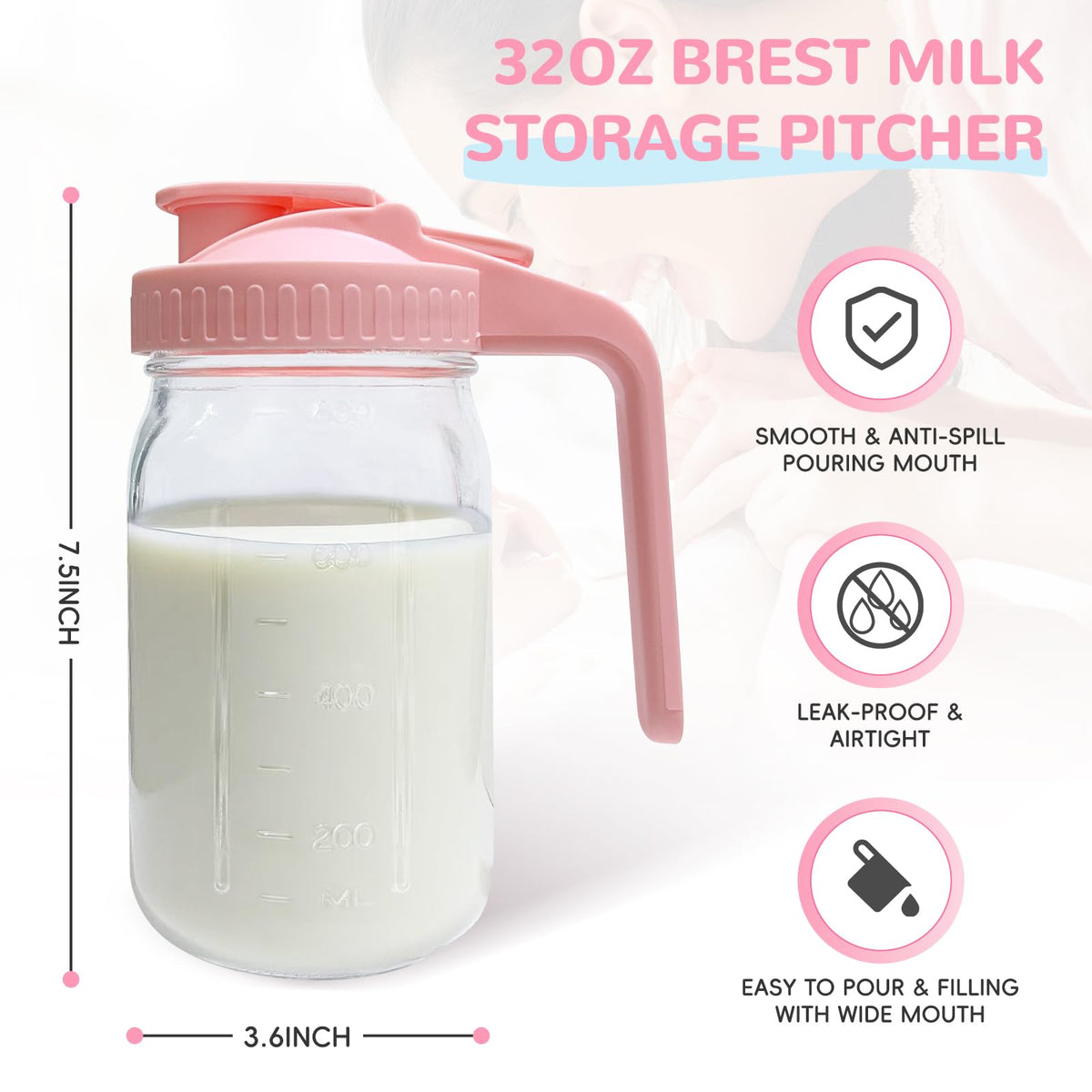 Side view of Riznpo breast milk storage pitcher showing handle