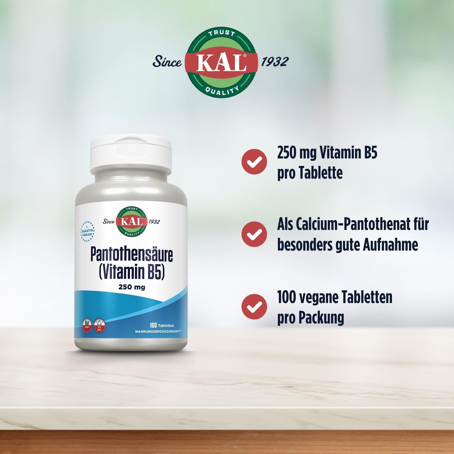 Side view of Kal Pantothenic Acid 100 vegan tablets bottle