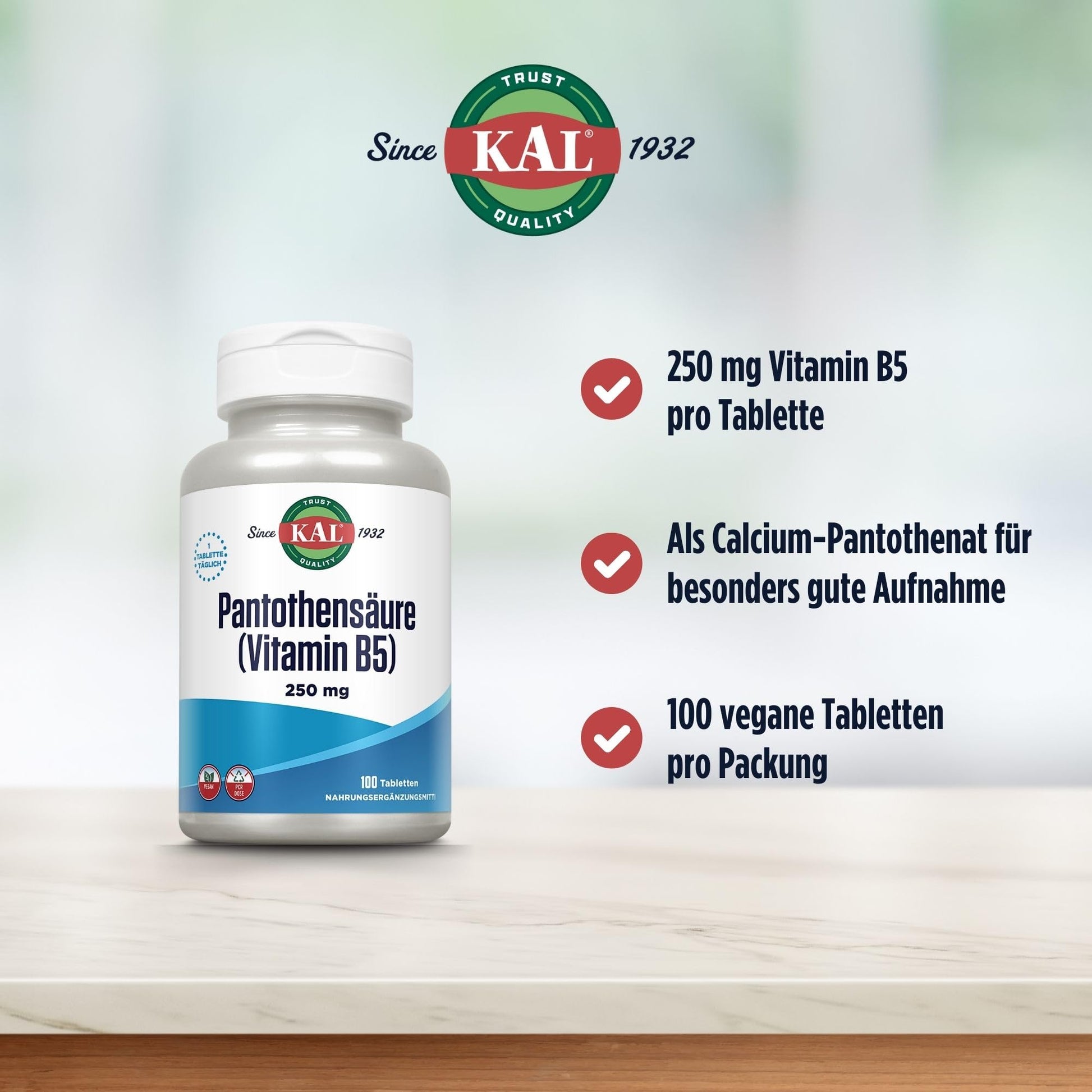 Side view of Kal Pantothenic Acid 100 vegan tablets bottle