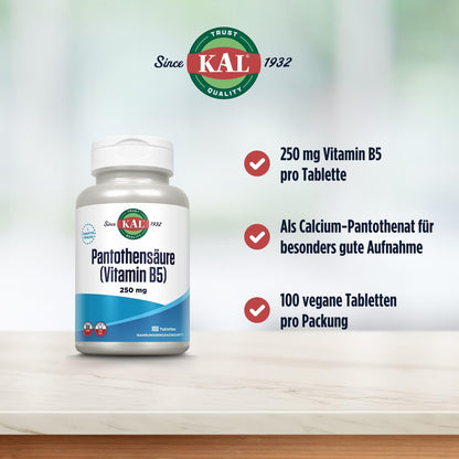 Side view of Kal Pantothenic Acid 100 vegan tablets bottle