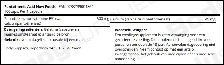 Now Foods Vitamin B5 500mg supplement label details