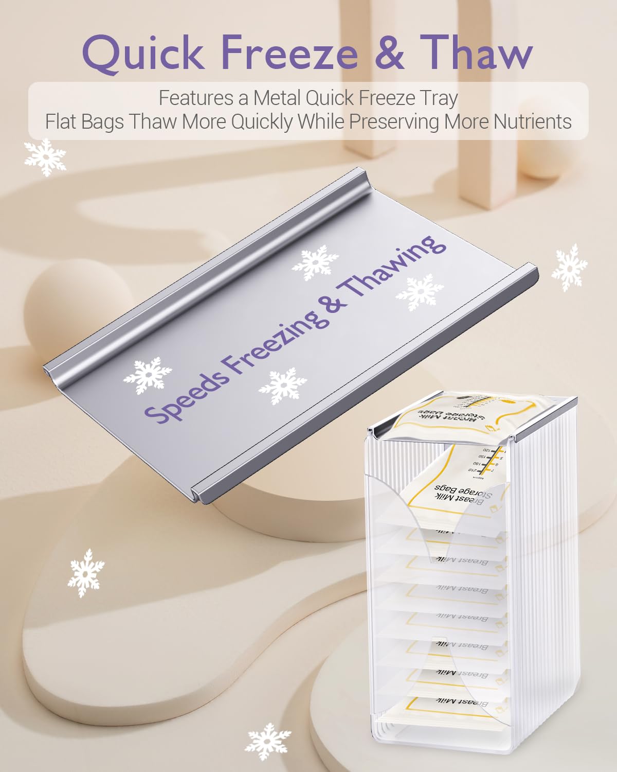Close up of metal quick freeze tray on breastmilk organizer