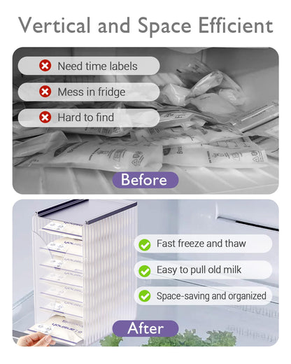Breastmilk storage tower showing bag loading mechanism