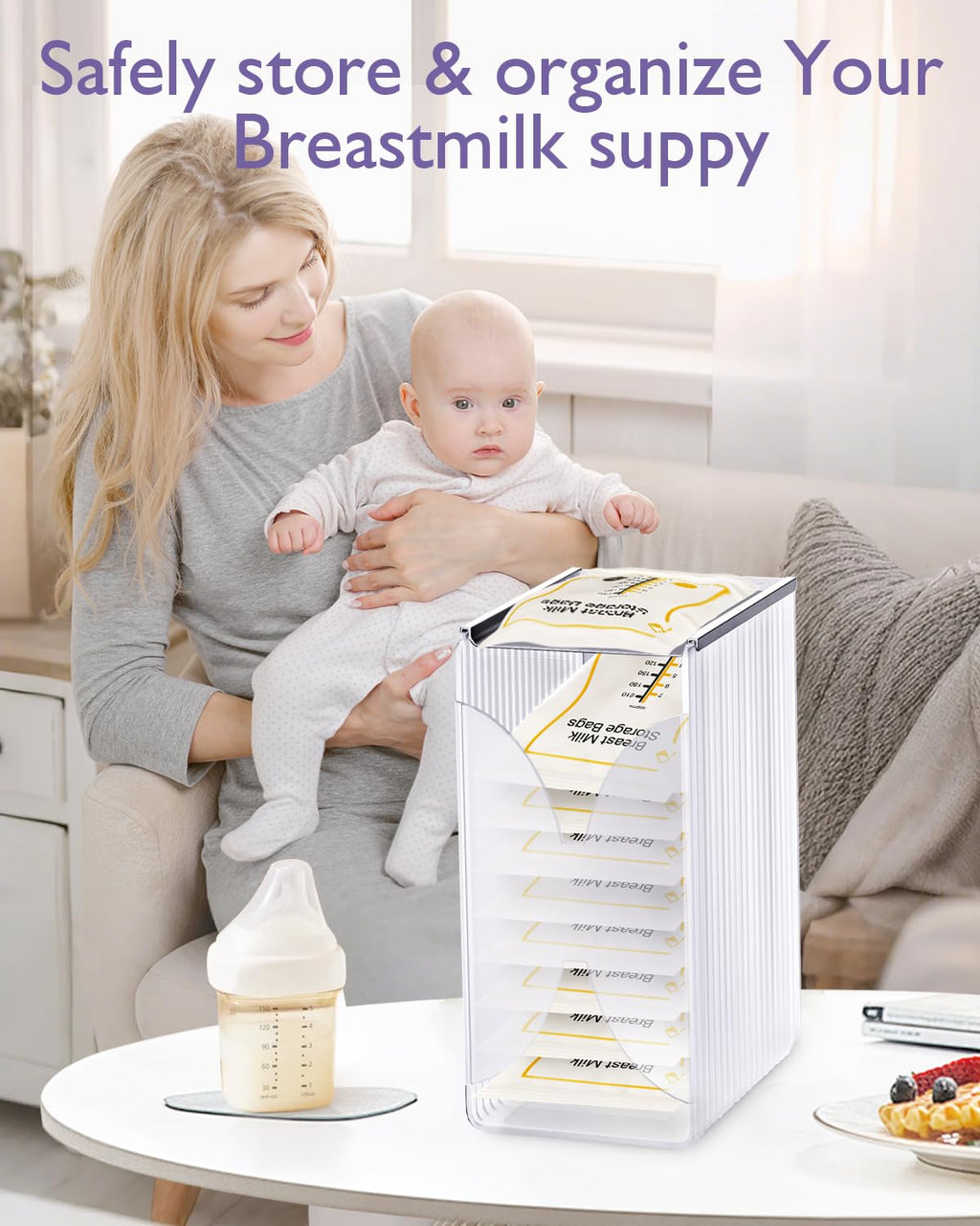 Components of E1vee1 reusable breastmilk organizer and tower