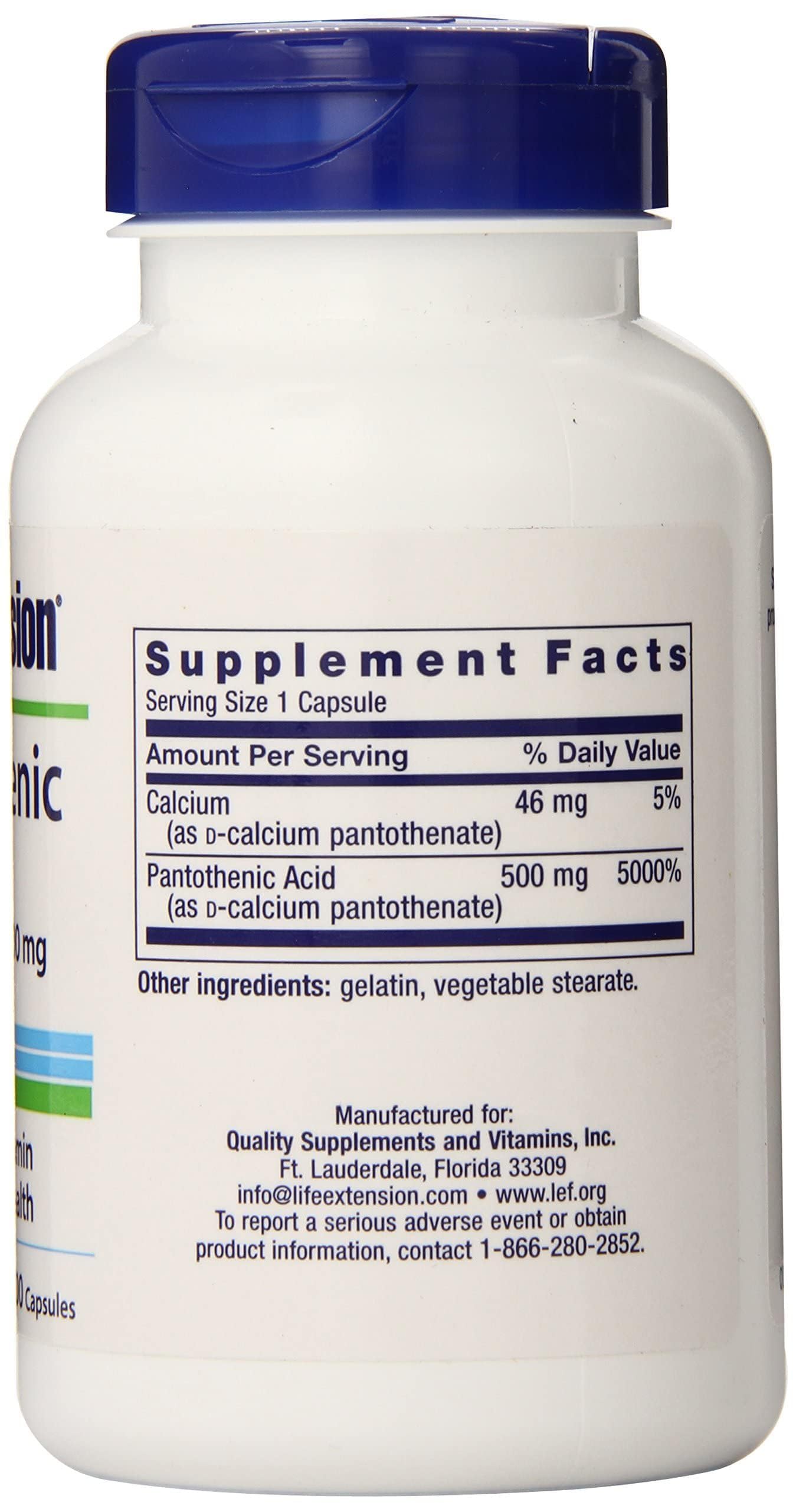 Life Extension Vitamin B5 vegetarian capsules label details