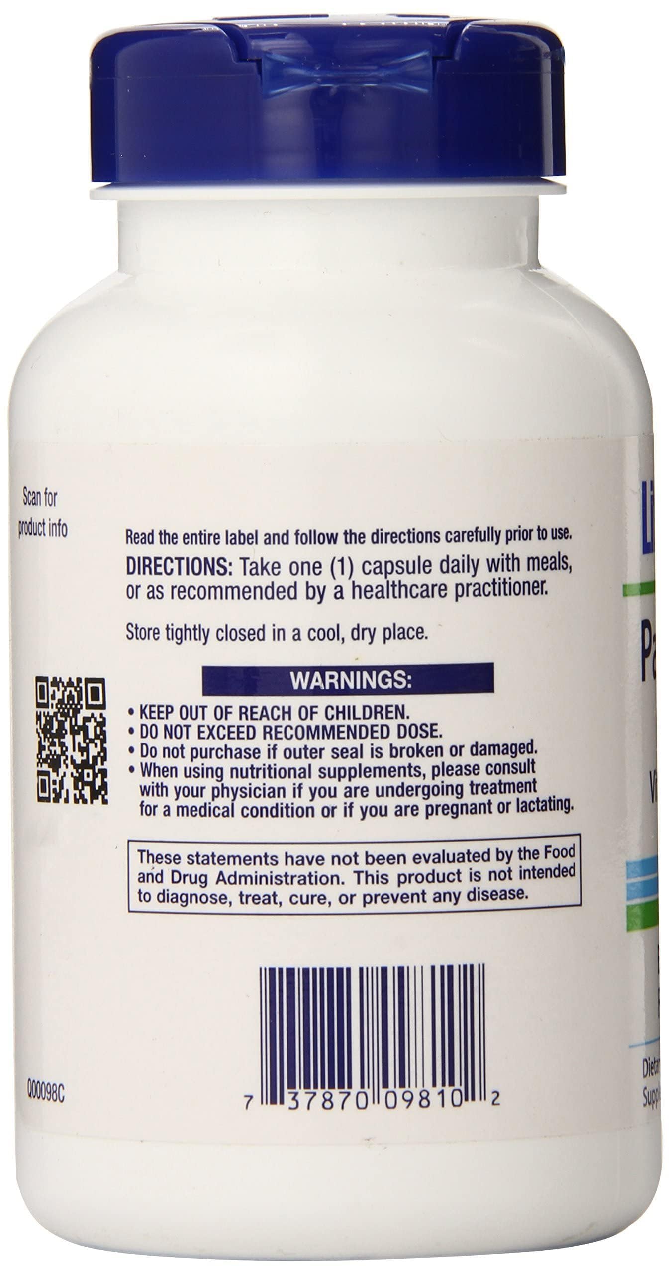 Side view of Life Extension Pantothenic Acid supplement bottle