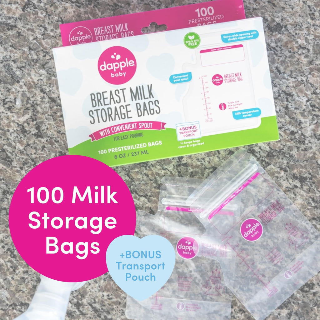 Close up of Dapple breast milk storage bag easy pour spout feature