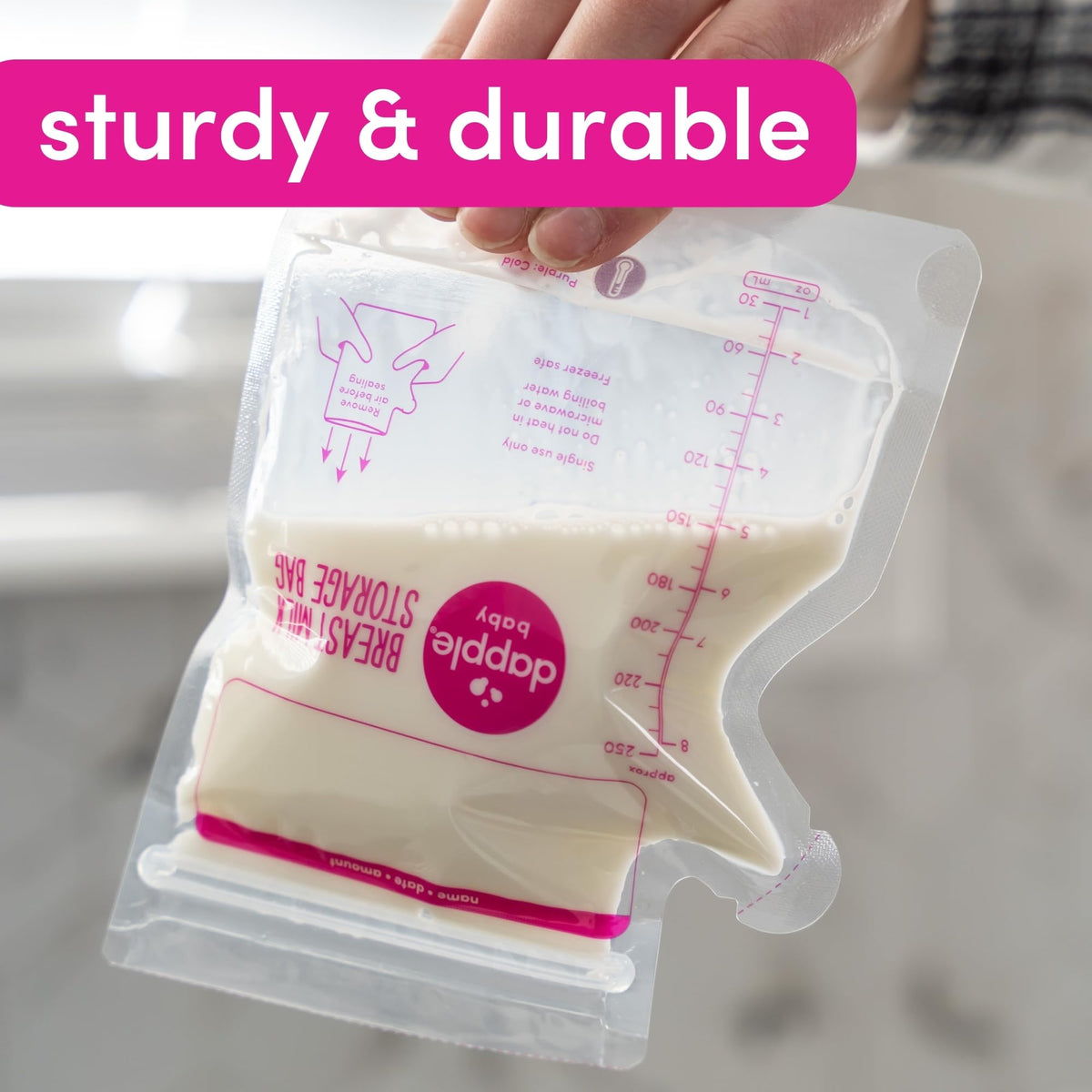 Side view of Dapple breast milk storage bag with leakproof double zipper