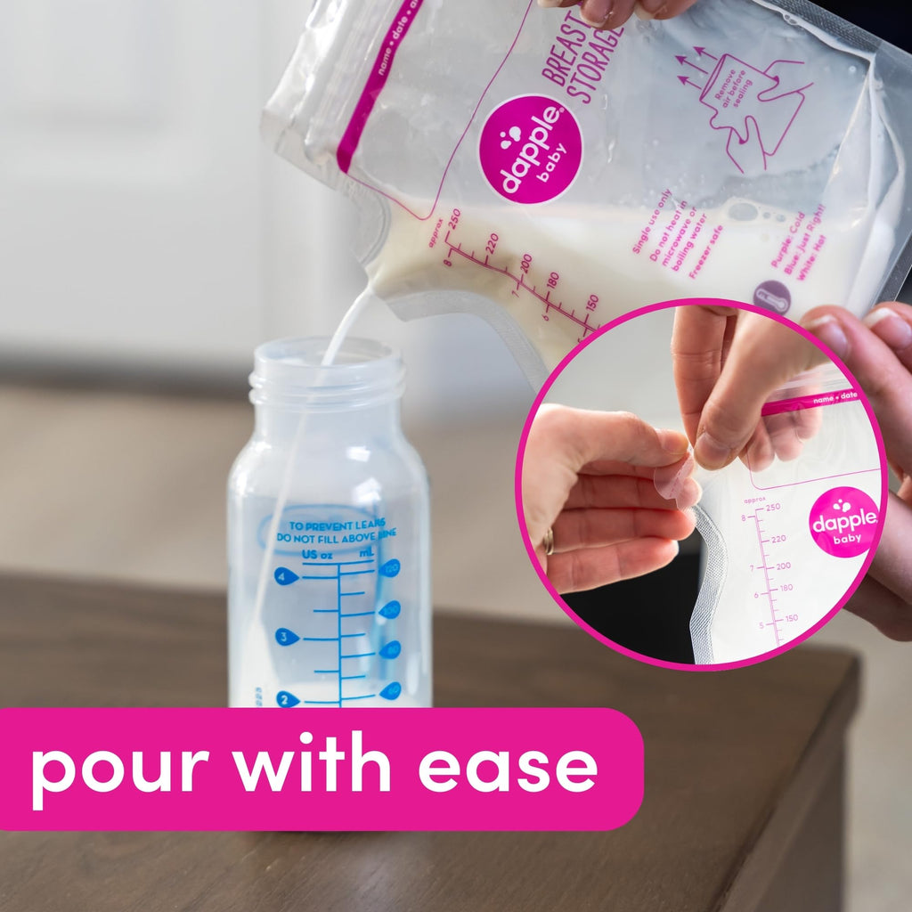Dapple breast milk storage bags in a self-standing position