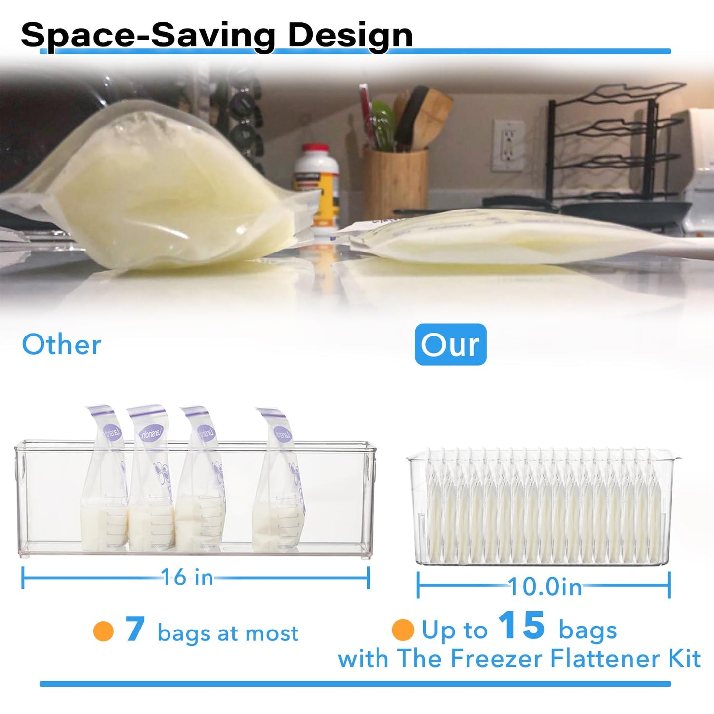 Freezer flattener kit for milk storage bags