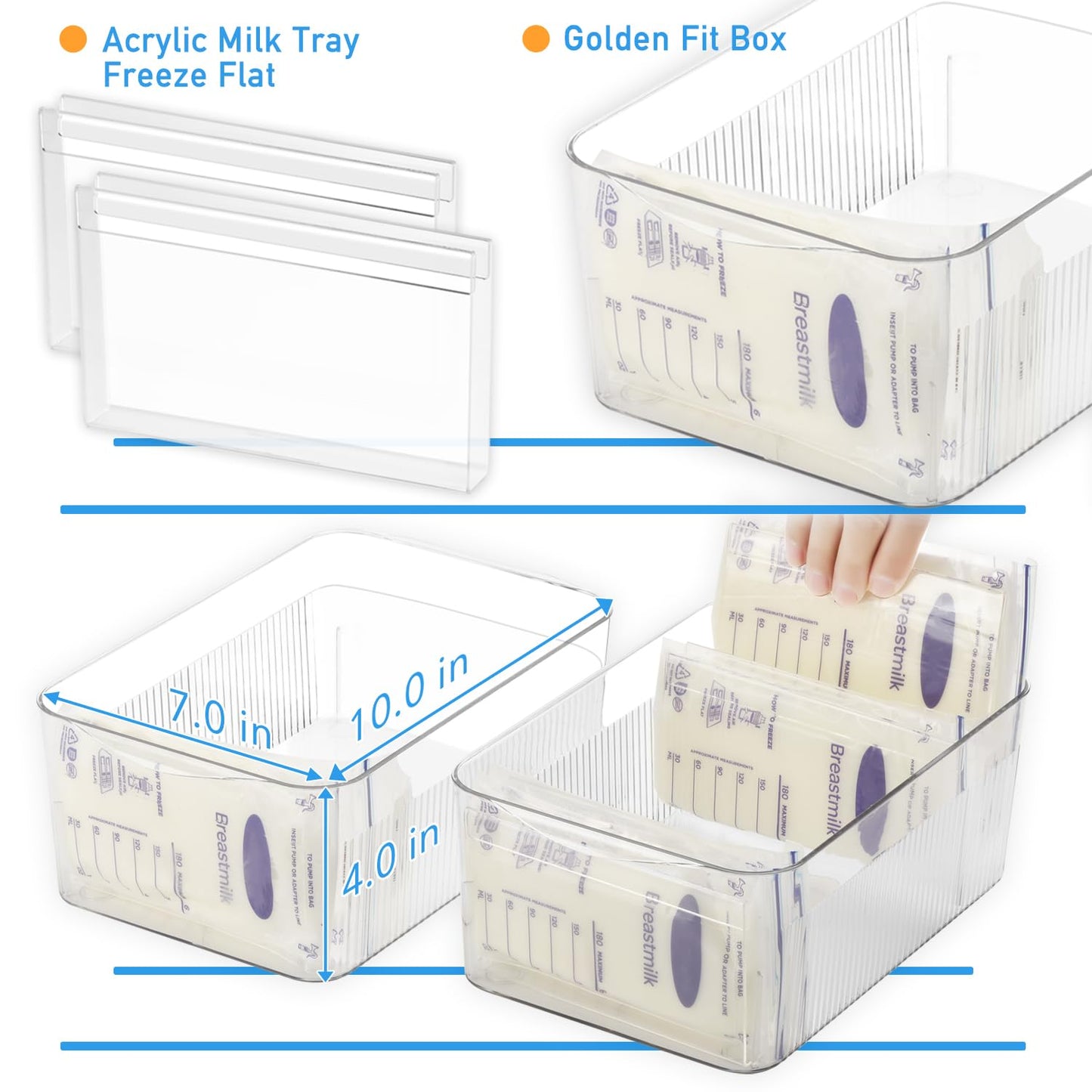 Clear plastic bin for organized milk storage