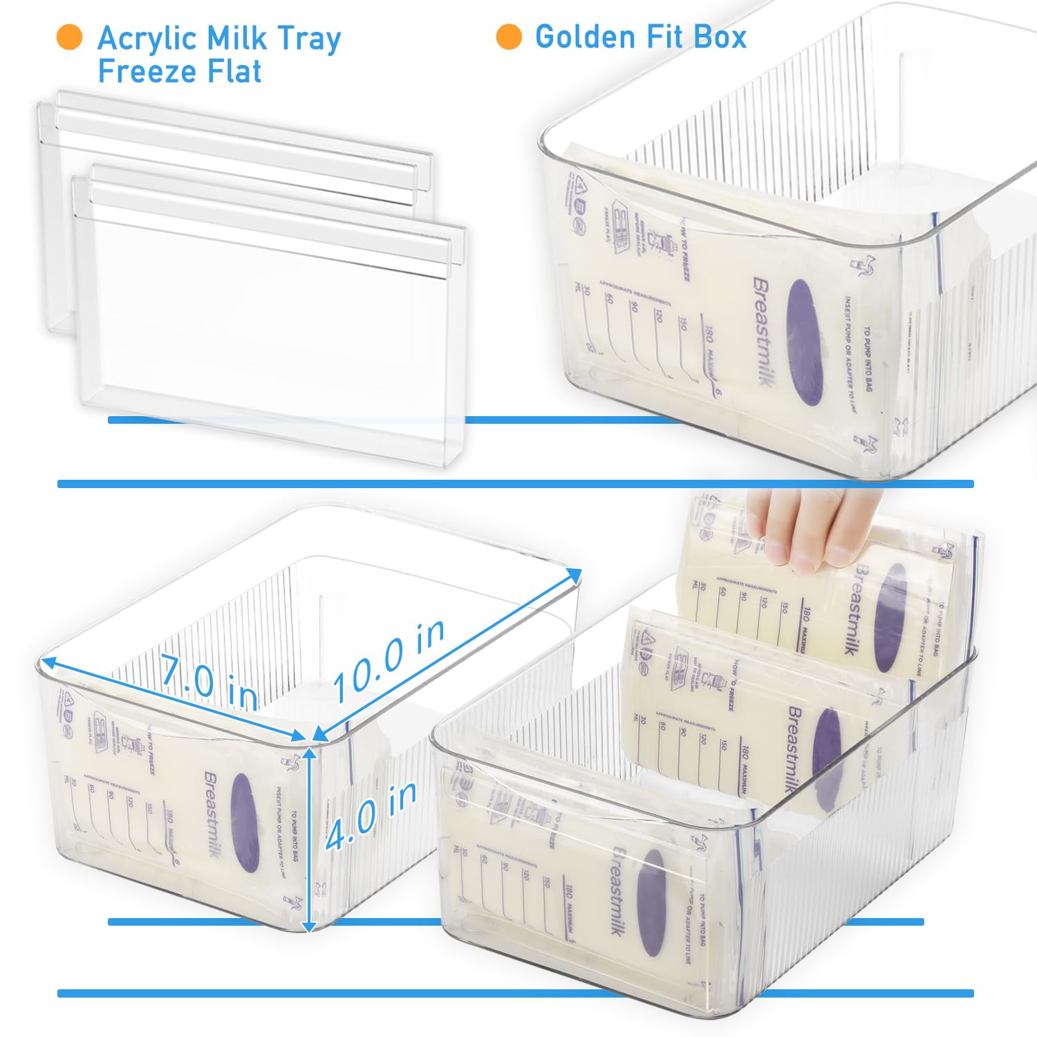 Clear plastic bin for organized milk storage