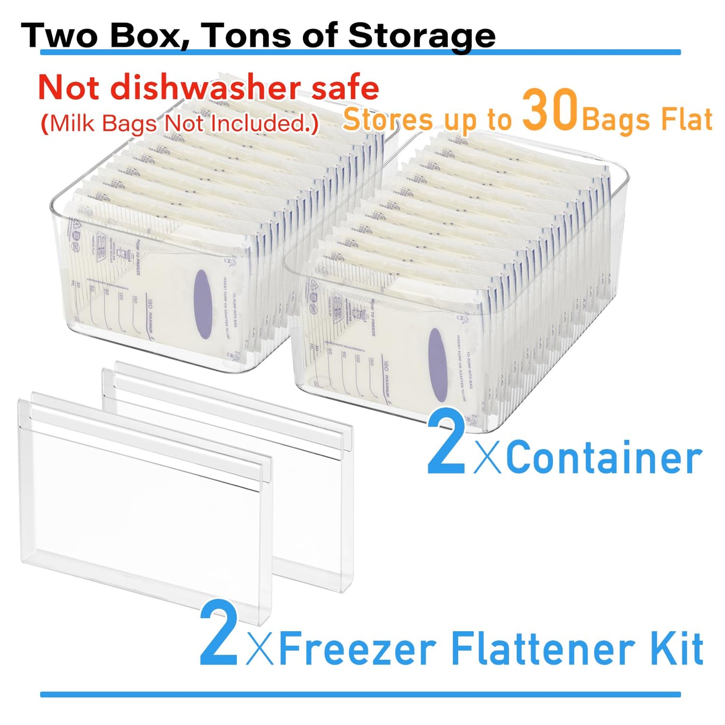 Side view of frozen flat milk bags in organizer