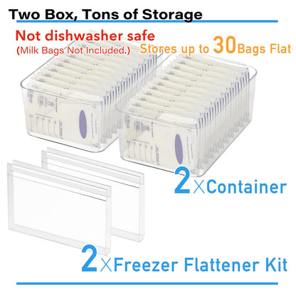 Side view of frozen flat milk bags in organizer