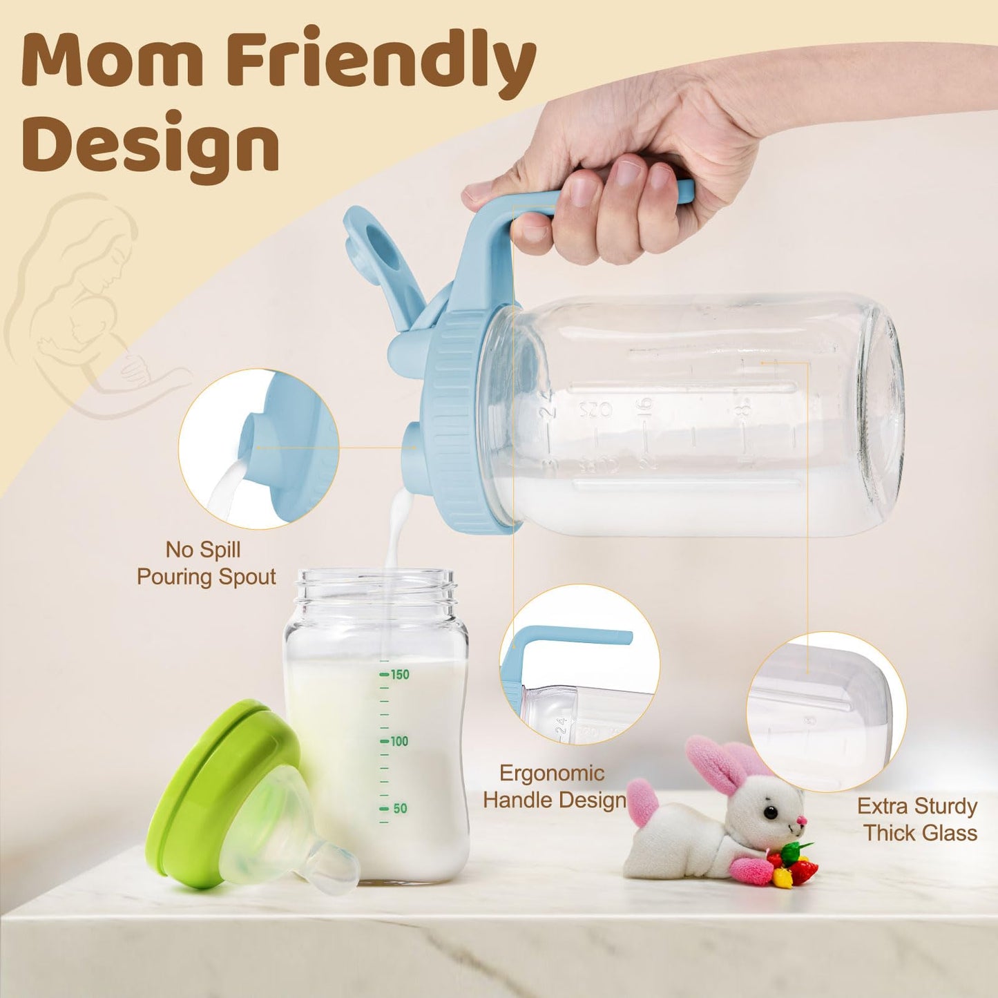 Side profile of AoeJarry 32 fluid ounce glass mason jar pitcher