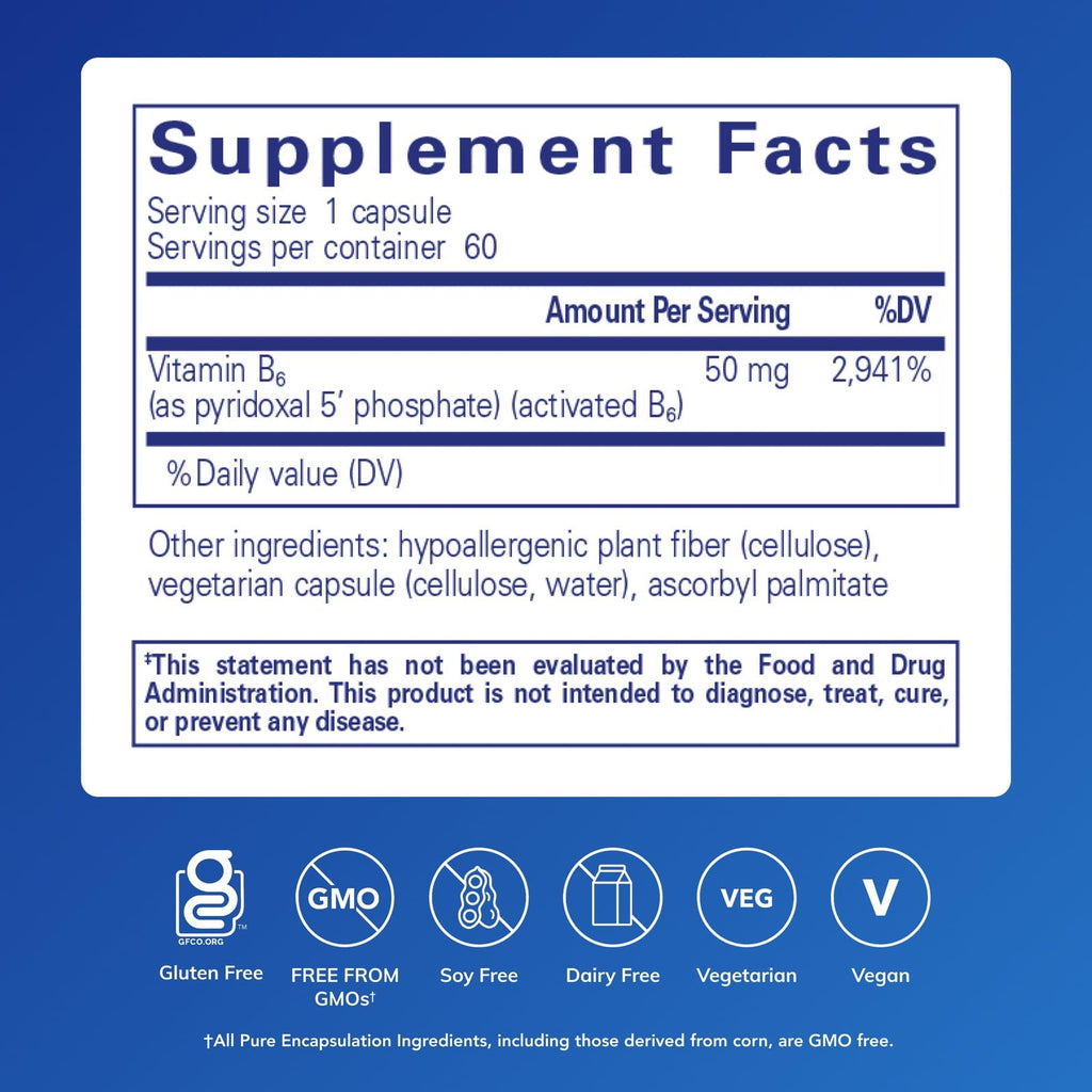 Pure Encapsulations P5P 50 label details showing active Vitamin B6 content