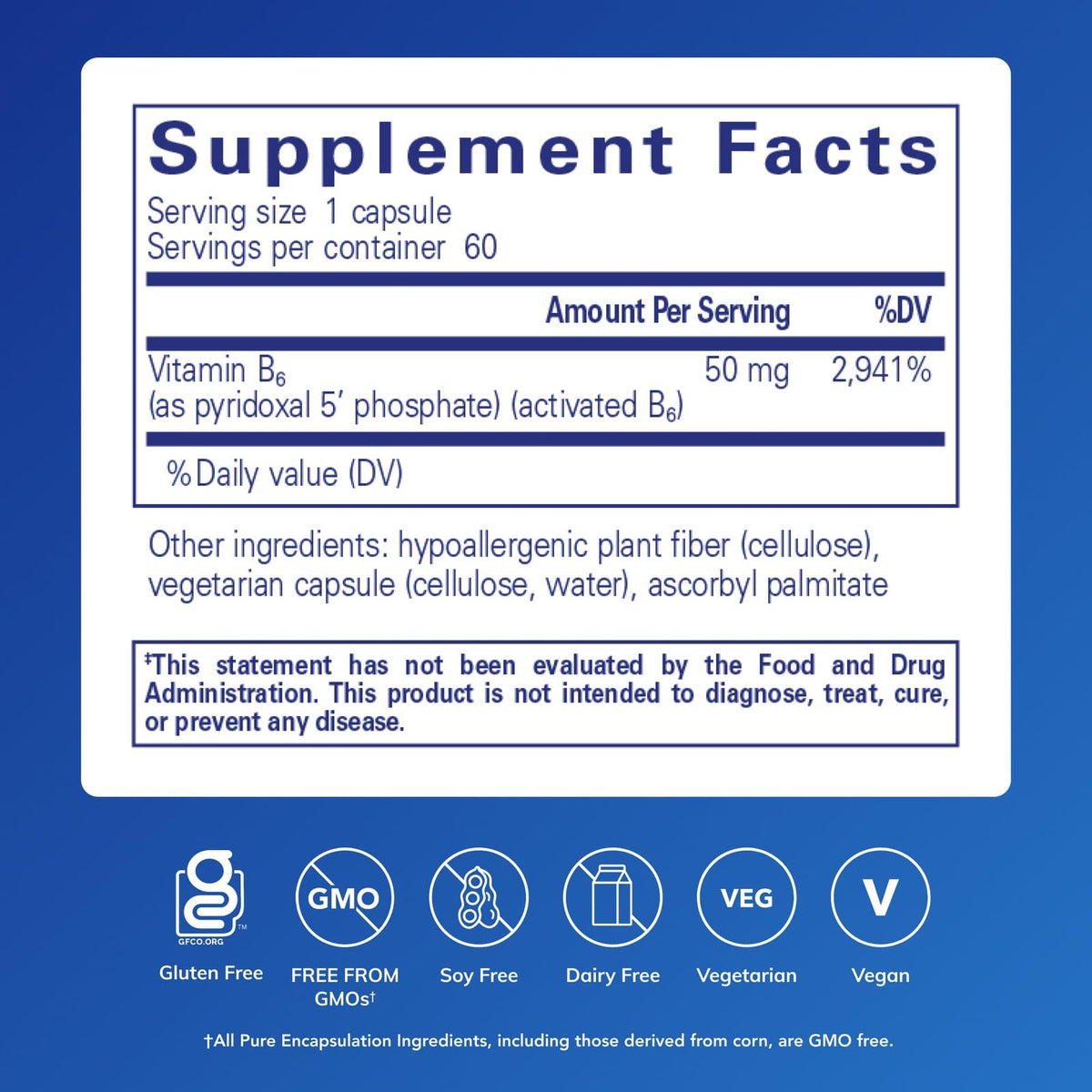 Pure Encapsulations P5P 50 label details showing active Vitamin B6 content