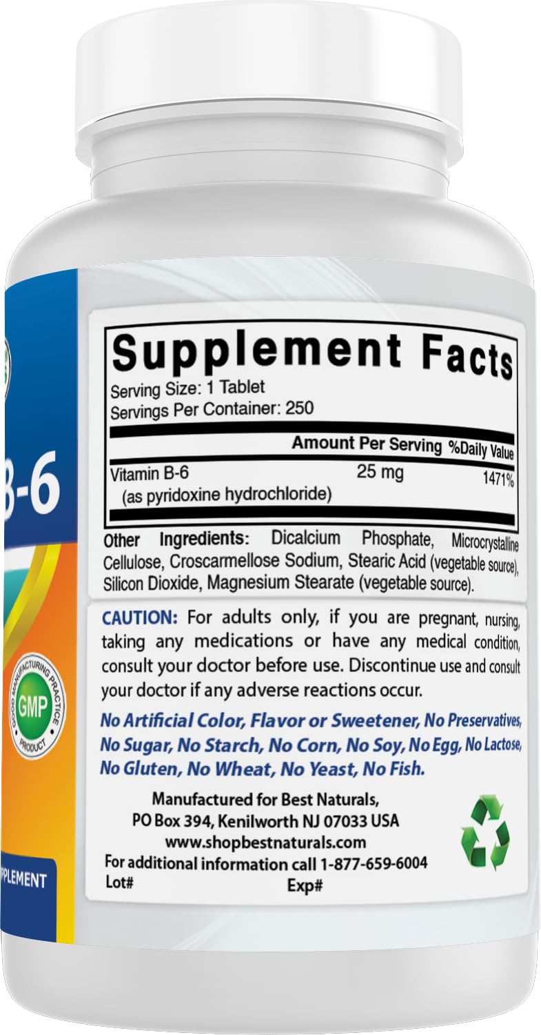 Best Naturals Vitamin B6 250 count bottle nutrition facts
