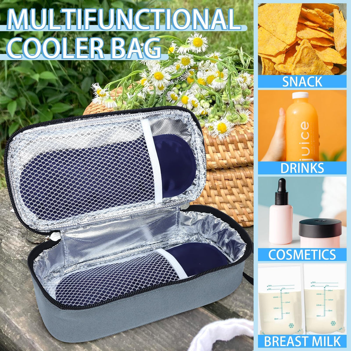 Side profile of Isusser grey breastmilk cooler bag