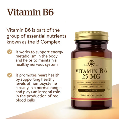 Gluten free and vegan vitamin B6 tablets for nervous system health support.