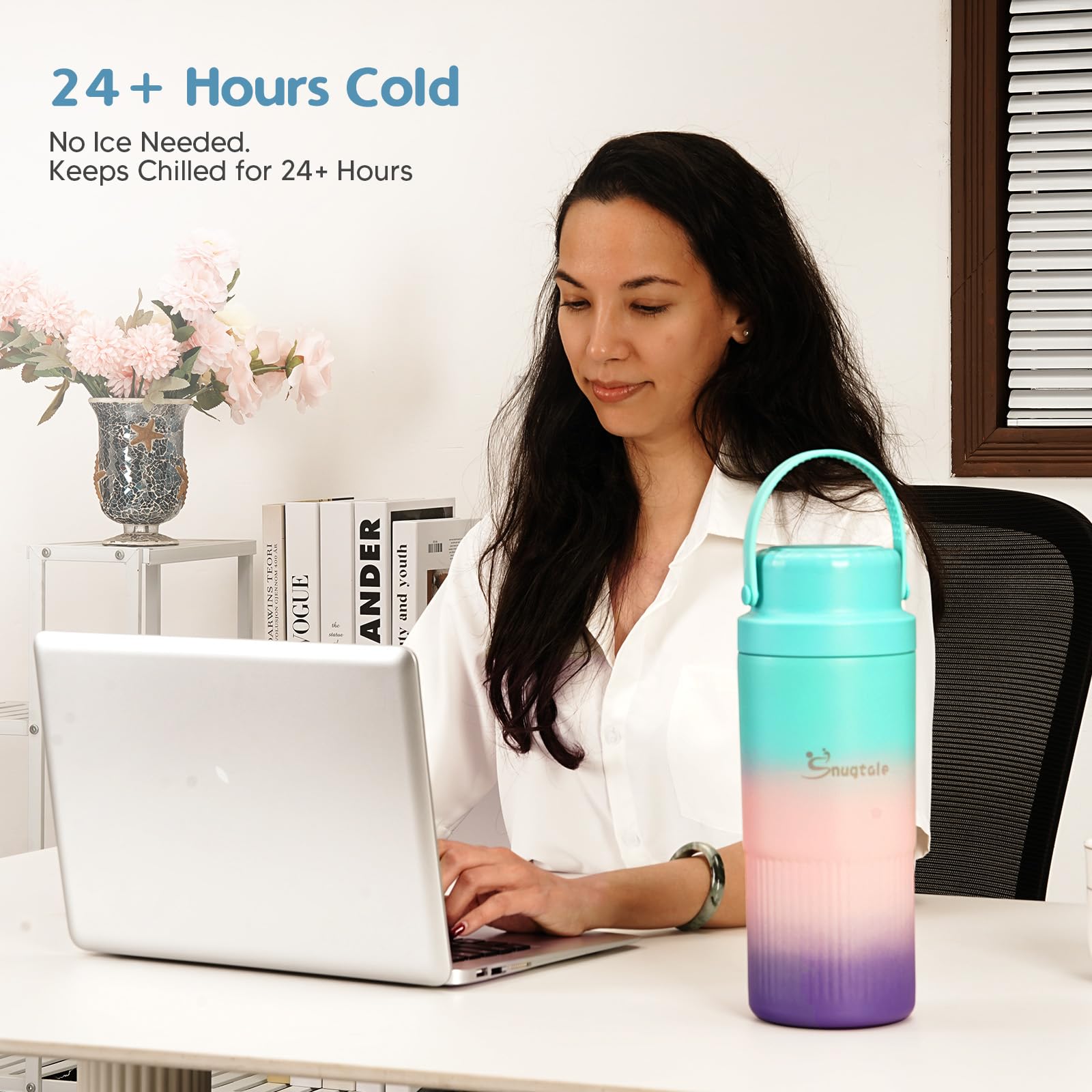 Momcozy breast milk cooler showing the teal to purple ombre finish