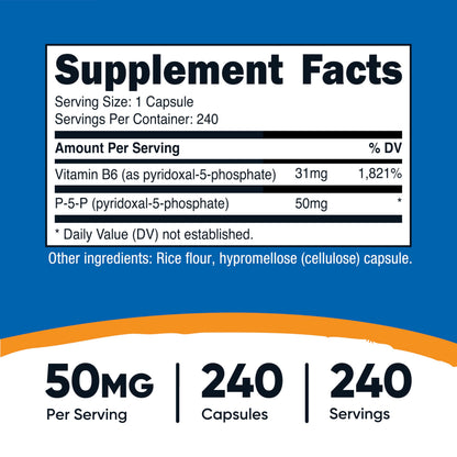 Nutricost P5P supplement label details showing 240 vegetarian capsules