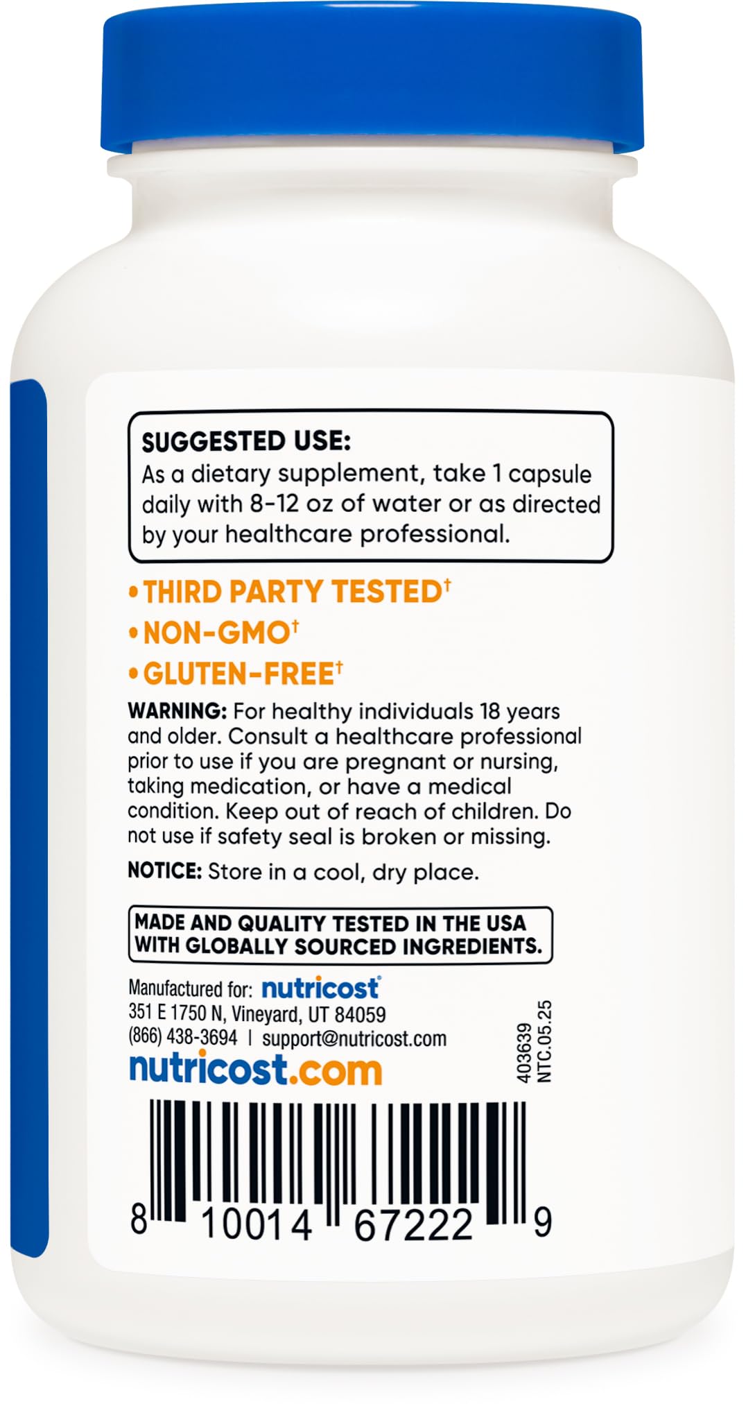 Side profile of Nutricost B6 P5P container highlighting non-GMO attributes