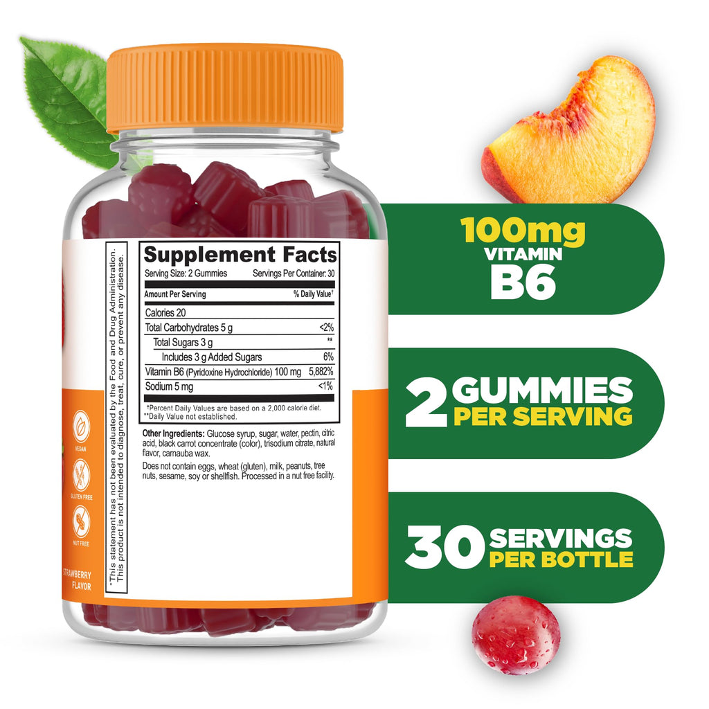 Vegan vitamin B6 100 milligrams strawberry flavor gummies dietary supplement